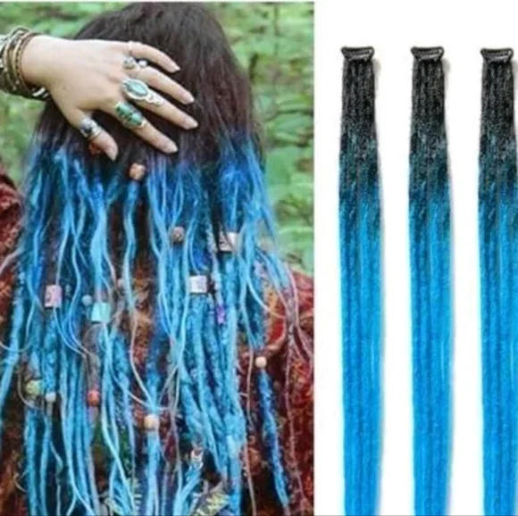Bld&Teal3pc Braids Dread Clip In Extension Deco & Charms Viking Boho Summer - Picture 3 of 11